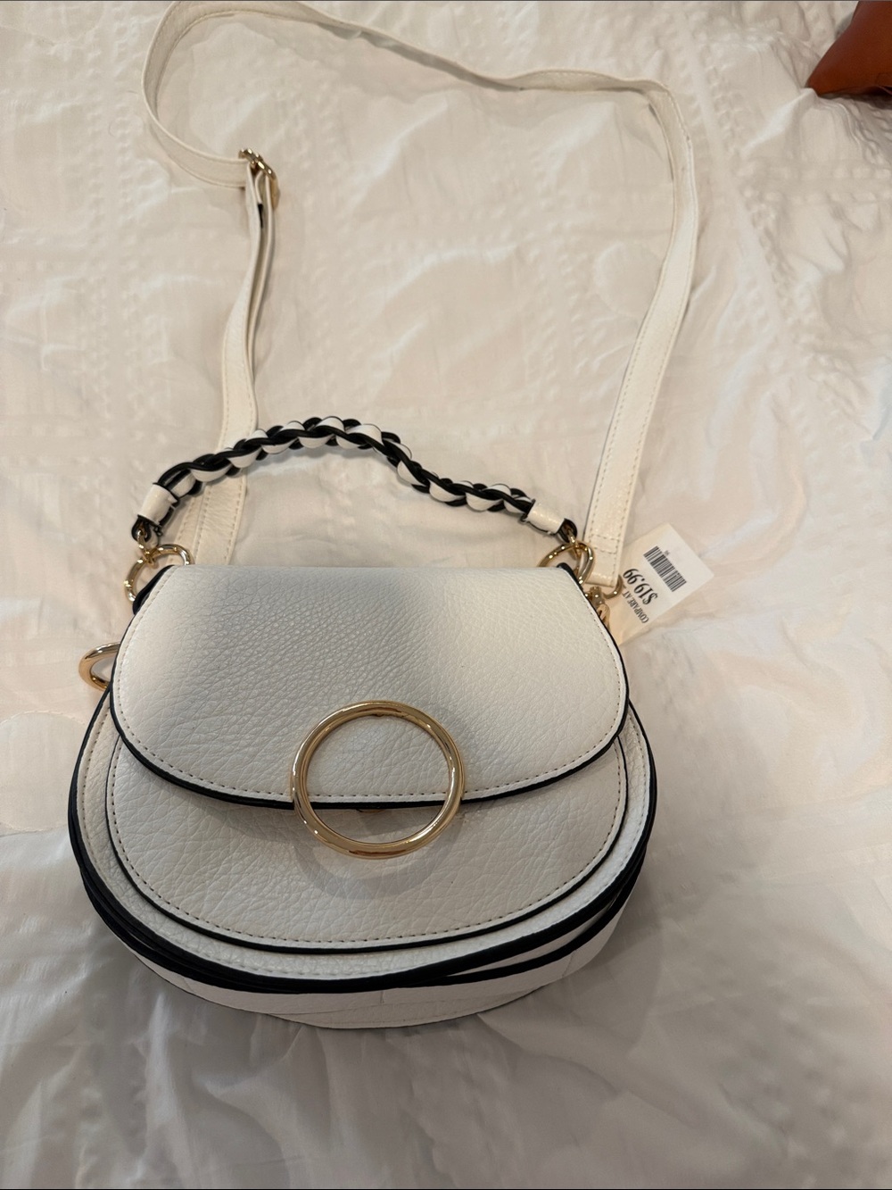 White Crossbody Saddle Bag with Gold Ring Accent